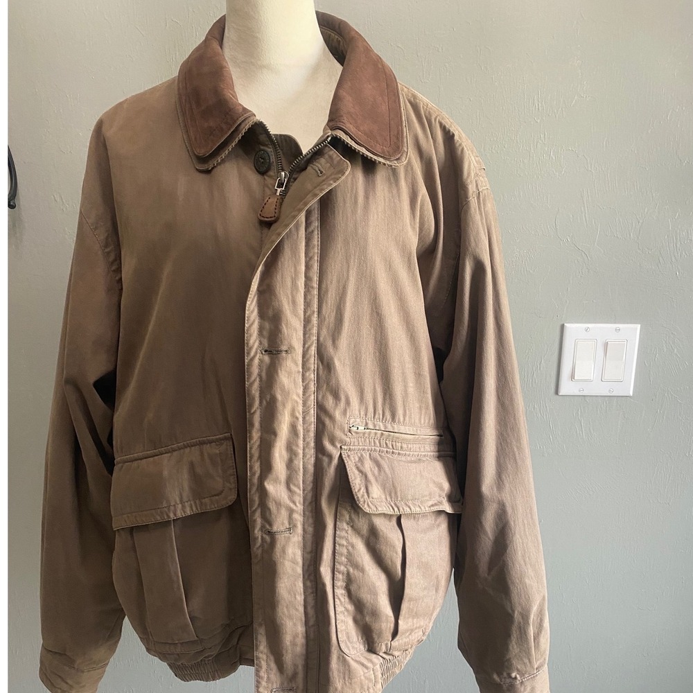 London Fog Mens Tan Brown Bomber Jacket Removable Plaid Liner Size L Long